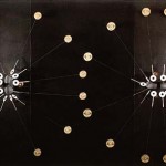 Sans titre (ecrous, bobines, graphite et aimants fixes sur panneau de bois peint) 171 x 318 x 2 cm, 1974 